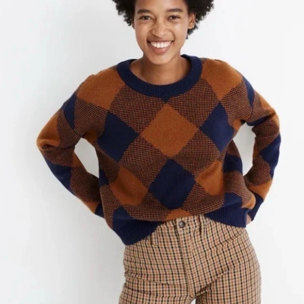 Madewell Mullen Wool Pull Over Sweater Large Checkered Argyle Sweater. Medium.
